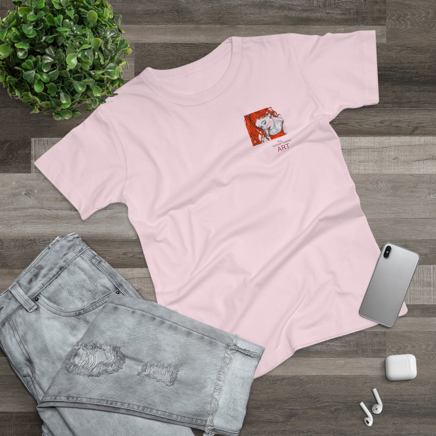 Single Jersey Women's T-shirt - hell - Motiv:  Front Julia, Ausschnitt 6,7 cm & Rückseite Julia, H 37 cm