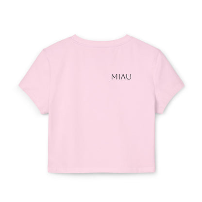 Women's Baby Tee - Motiv: Motiv: Front "Miau" klein, schwarz, H 8 cm, Rückseite "Miau"