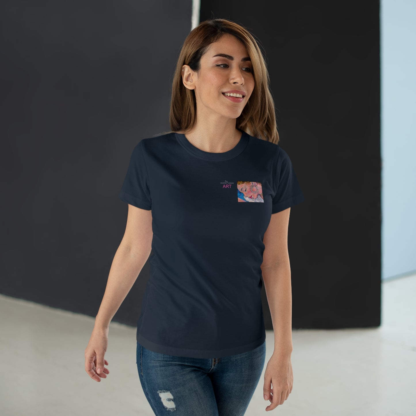 Single Jersey Women's T-shirt- dunkel - Motiv: Alva, Ausschnitt, H 6,5 cm