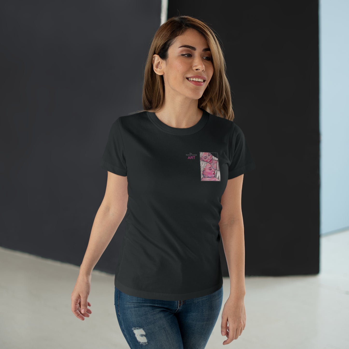 Single Jersey Women's T-shirt - dunkel - Motiv: Zuflucht, Ausschnitt, H 10 cm