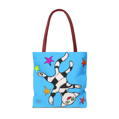 Tote Bag (AOP) - Motiv:  Front Katze schwebt & Rückseite  Katze schwebt, Blau, Sterne