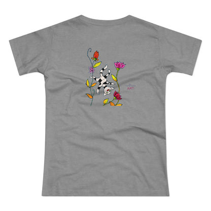 Single Jersey Women's T-shirt - hell - Motiv: Katze schwebt und Ranken, Vorderseite H 11 cm & Rückseite H 21,85 cm