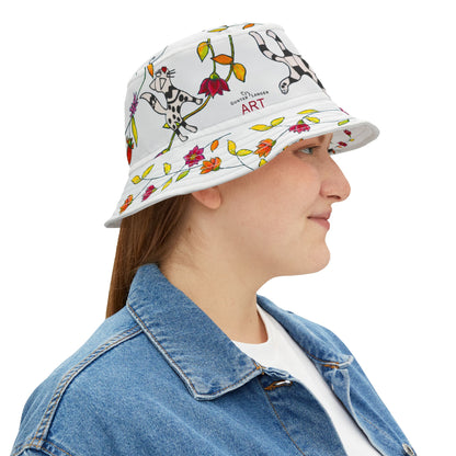 Bucket Hat (AOP) - Motiv: Katze fliegt, Ranken, Weiss
