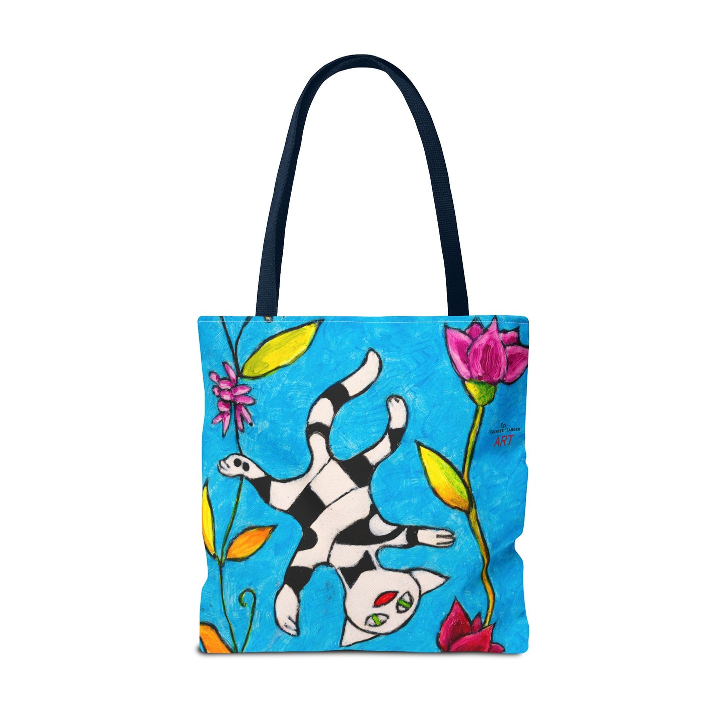 Tote Bag (AOP) - Motiv:  Front Katze schwebt, Rückseite  Katze schwebt, Blau, Ranken