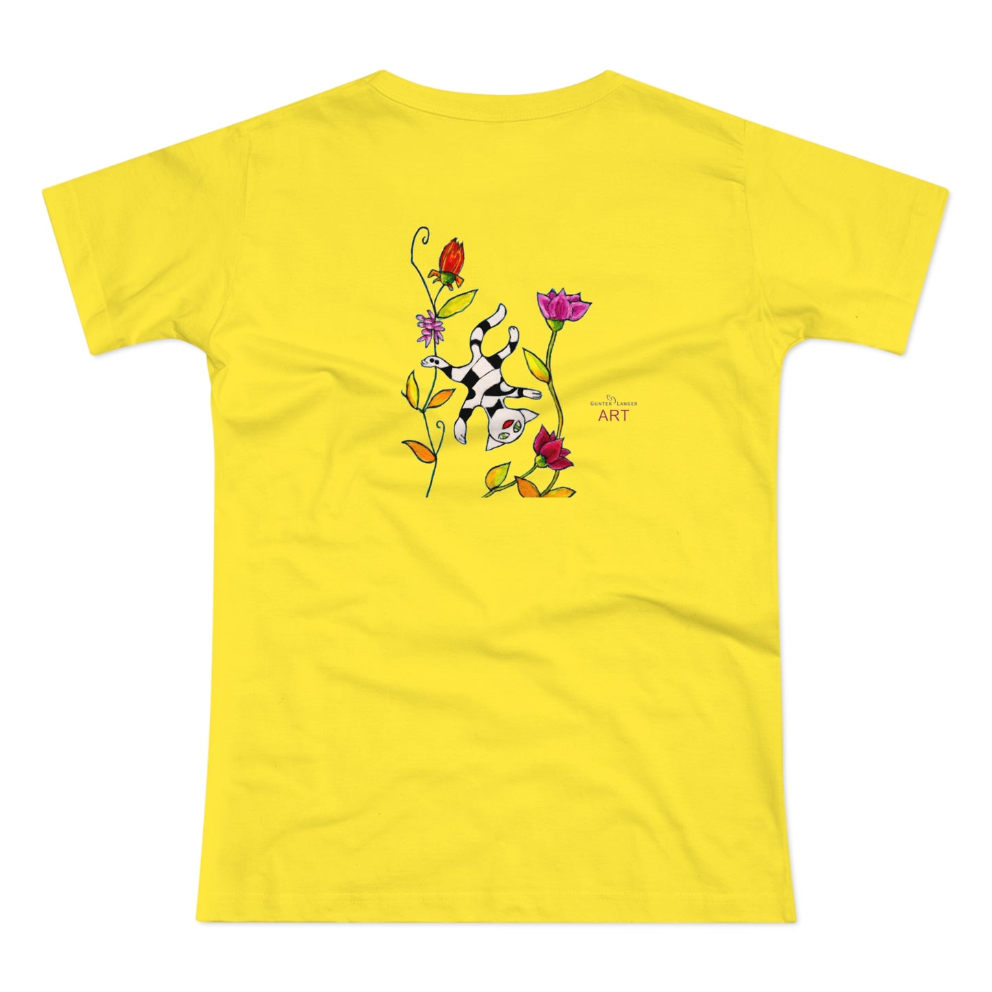 Single Jersey Women's T-shirt - hell - Motiv: Katze schwebt und Ranken, Vorderseite H 11 cm & Rückseite H 21,85 cm