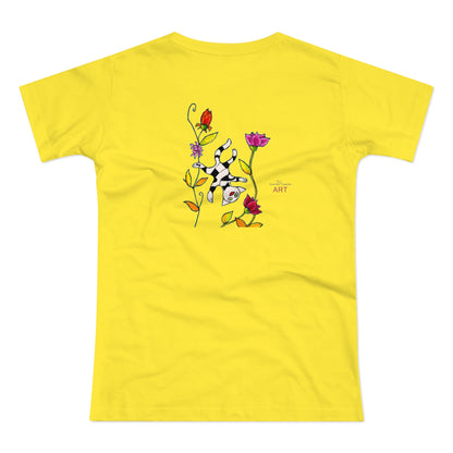 Single Jersey Women's T-shirt - hell - Motiv: Katze schwebt und Ranken, Vorderseite H 11 cm & Rückseite H 21,85 cm