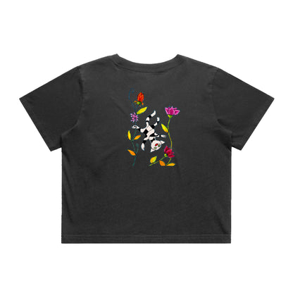 Women's Heavy Faded Crop Tee - Motiv: Katze Fliegt,  Front H 13,5 cm, & Rückseite H 21,5 cm