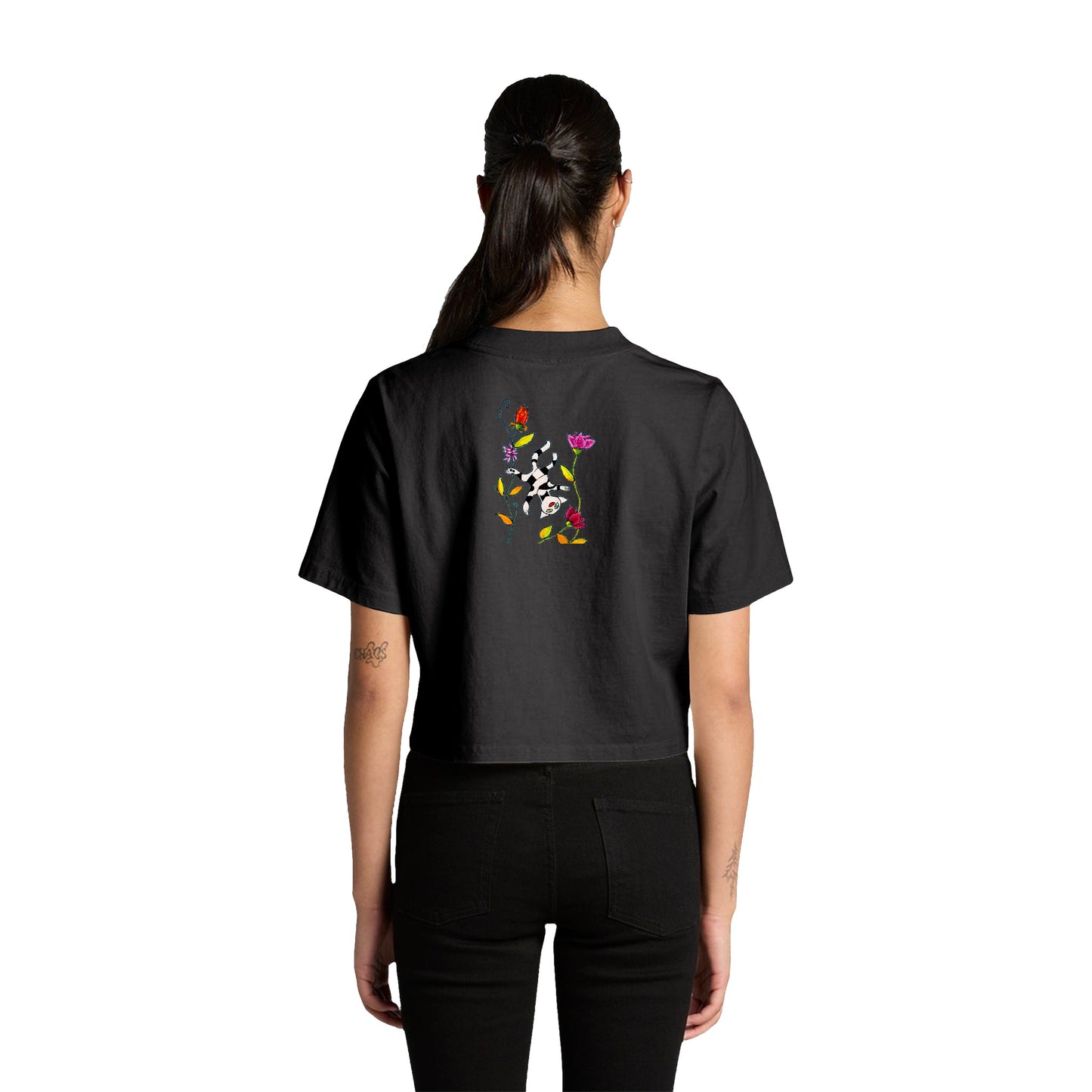 Women's Heavy Faded Crop Tee - Motiv: Katze Fliegt,  Front H 13,5 cm, & Rückseite H 21,5 cm