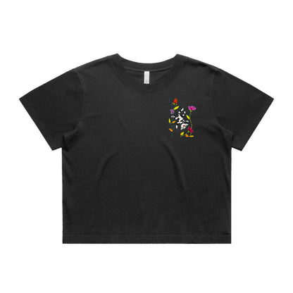 Women's Heavy Faded Crop Tee - Motiv: Katze Fliegt,  Front H 13,5 cm, & Rückseite H 21,5 cm