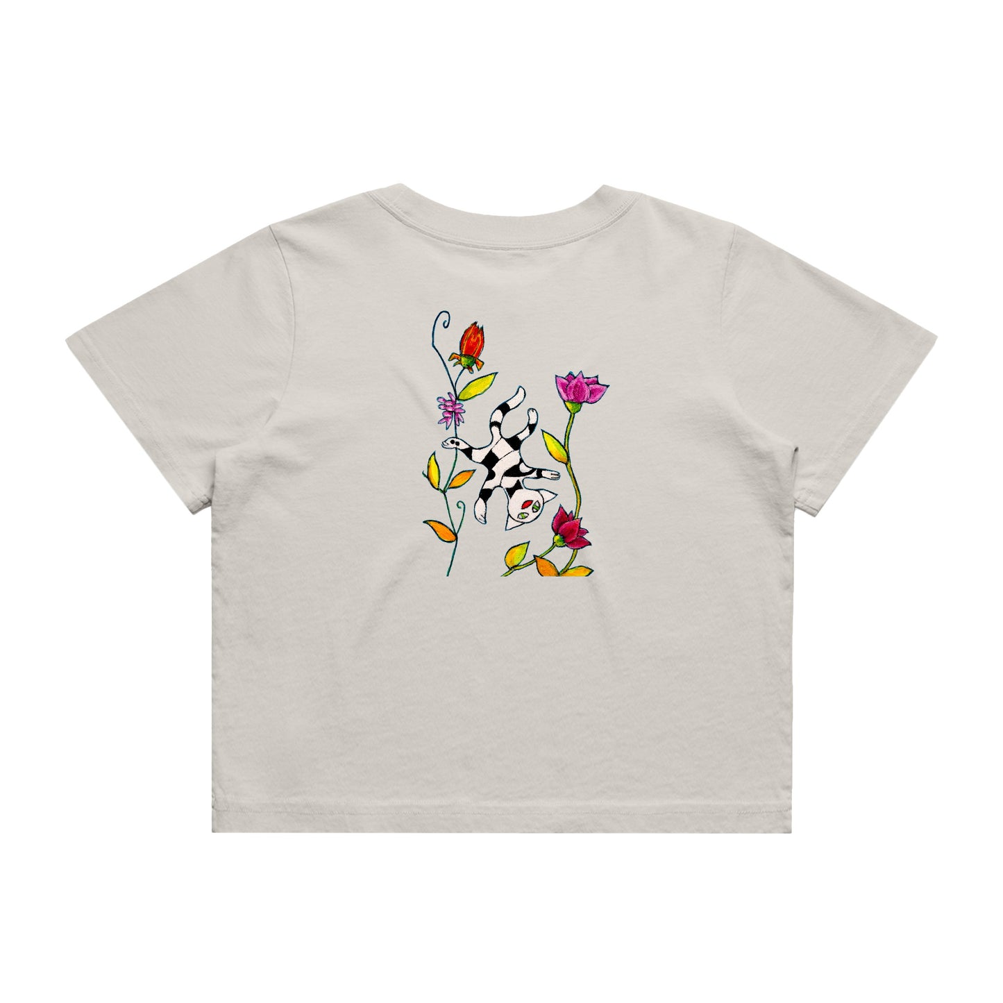 Women's Heavy Faded Crop Tee - Motiv: Katze Fliegt,  Front H 13,5 cm, & Rückseite H 21,5 cm