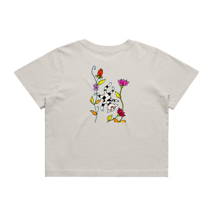 Women's Heavy Faded Crop Tee - Motiv: Katze Fliegt,  Front H 13,5 cm, & Rückseite H 21,5 cm