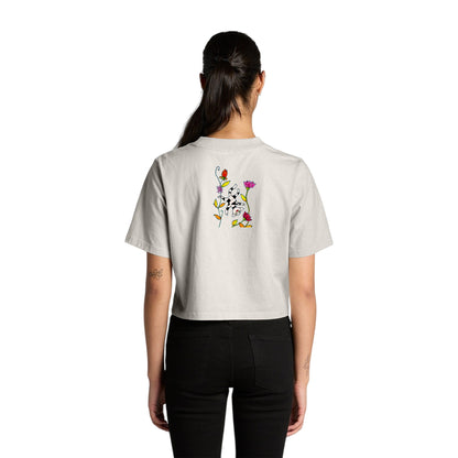 Women's Heavy Faded Crop Tee - Motiv: Katze Fliegt,  Front H 13,5 cm, & Rückseite H 21,5 cm