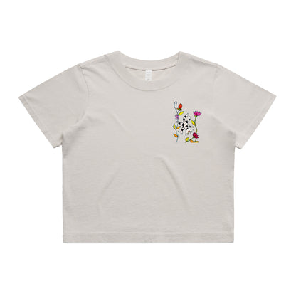 Women's Heavy Faded Crop Tee - Motiv: Katze Fliegt,  Front H 13,5 cm, & Rückseite H 21,5 cm