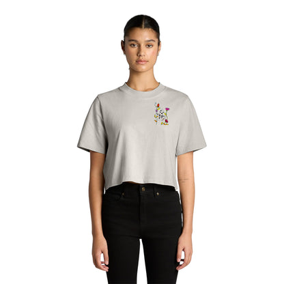 Women's Heavy Faded Crop Tee - Motiv: Katze Fliegt,  Front H 13,5 cm, & Rückseite H 21,5 cm