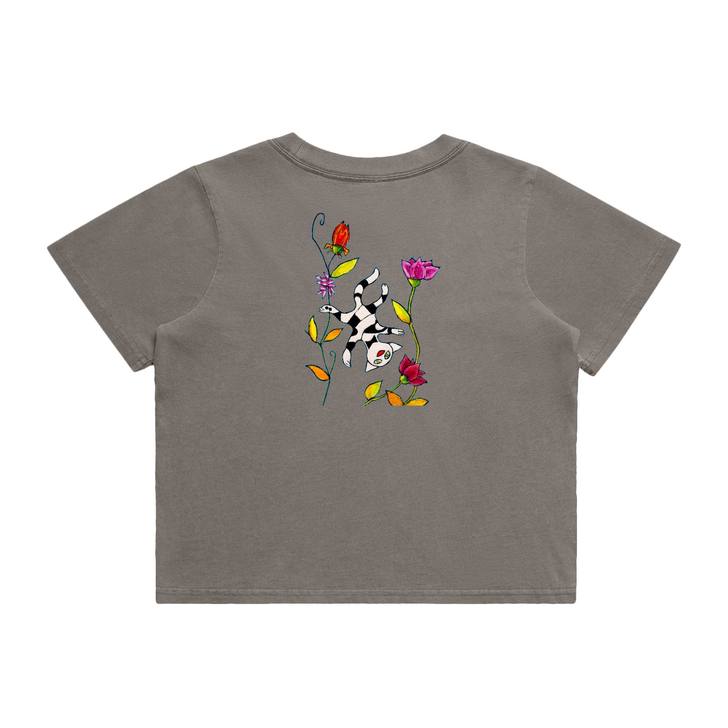 Women's Heavy Faded Crop Tee - Motiv: Katze Fliegt,  Front H 13,5 cm, & Rückseite H 21,5 cm