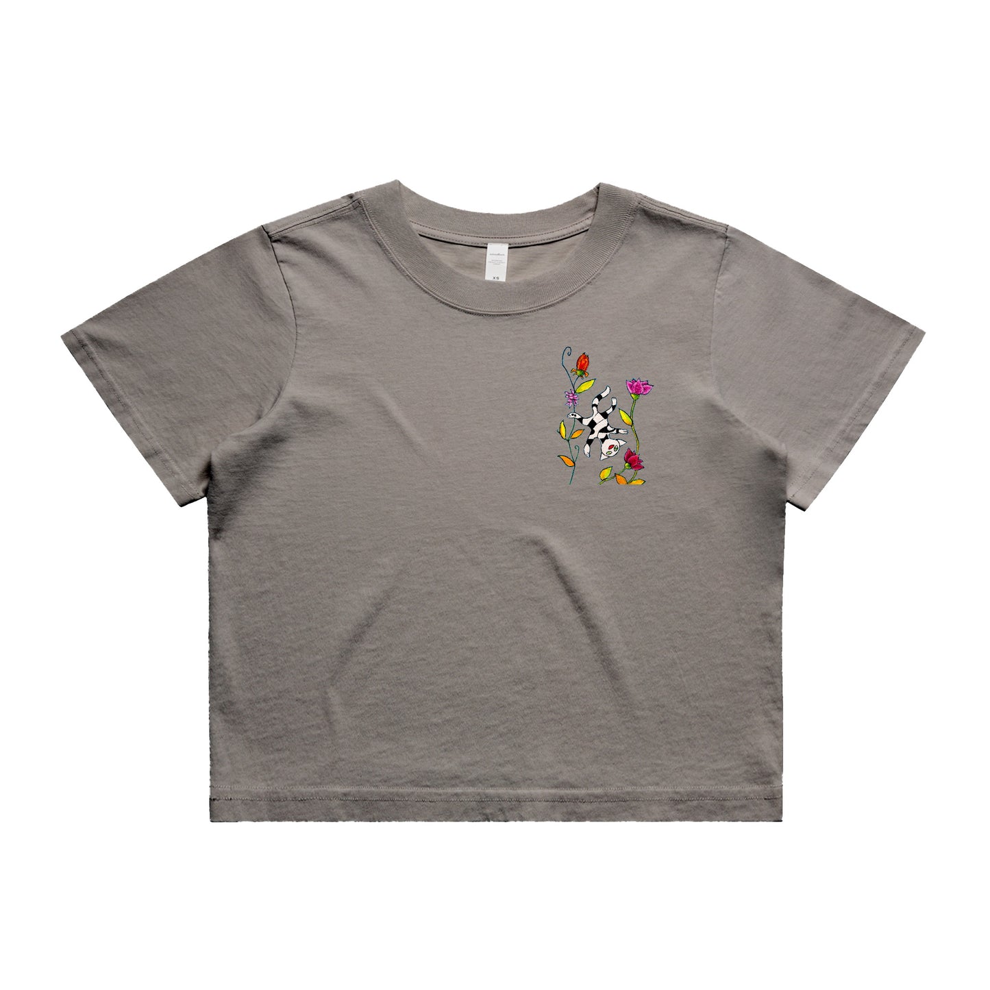 Women's Heavy Faded Crop Tee - Motiv: Katze Fliegt,  Front H 13,5 cm, & Rückseite H 21,5 cm