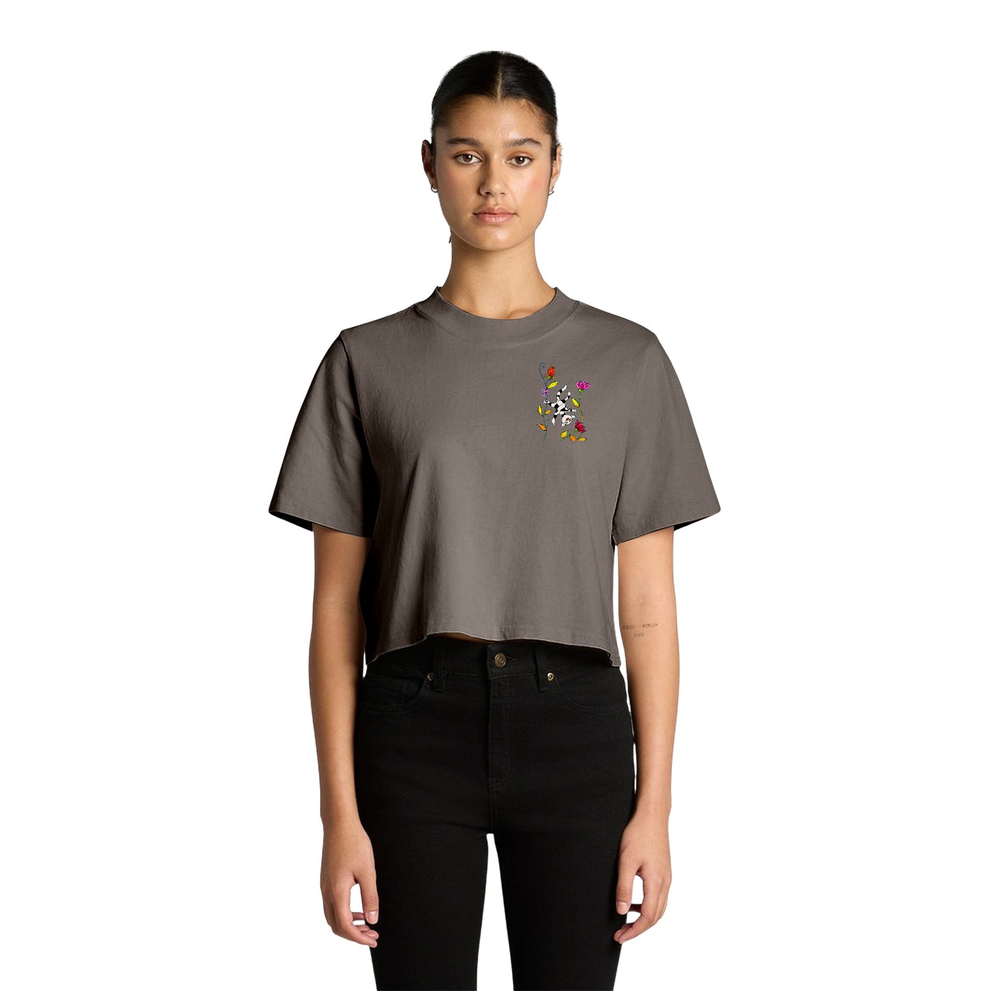 Women's Heavy Faded Crop Tee - Motiv: Katze Fliegt,  Front H 13,5 cm, & Rückseite H 21,5 cm