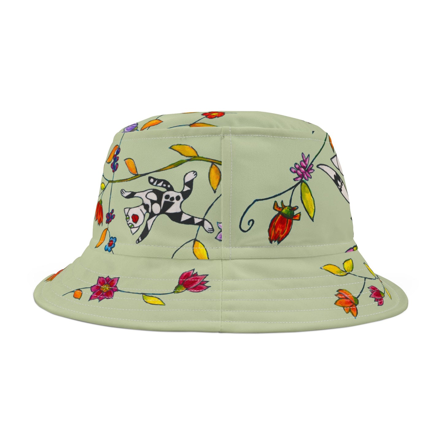Bucket Hat (AOP) - Motiv: Katze fliegt, Ranken, grün