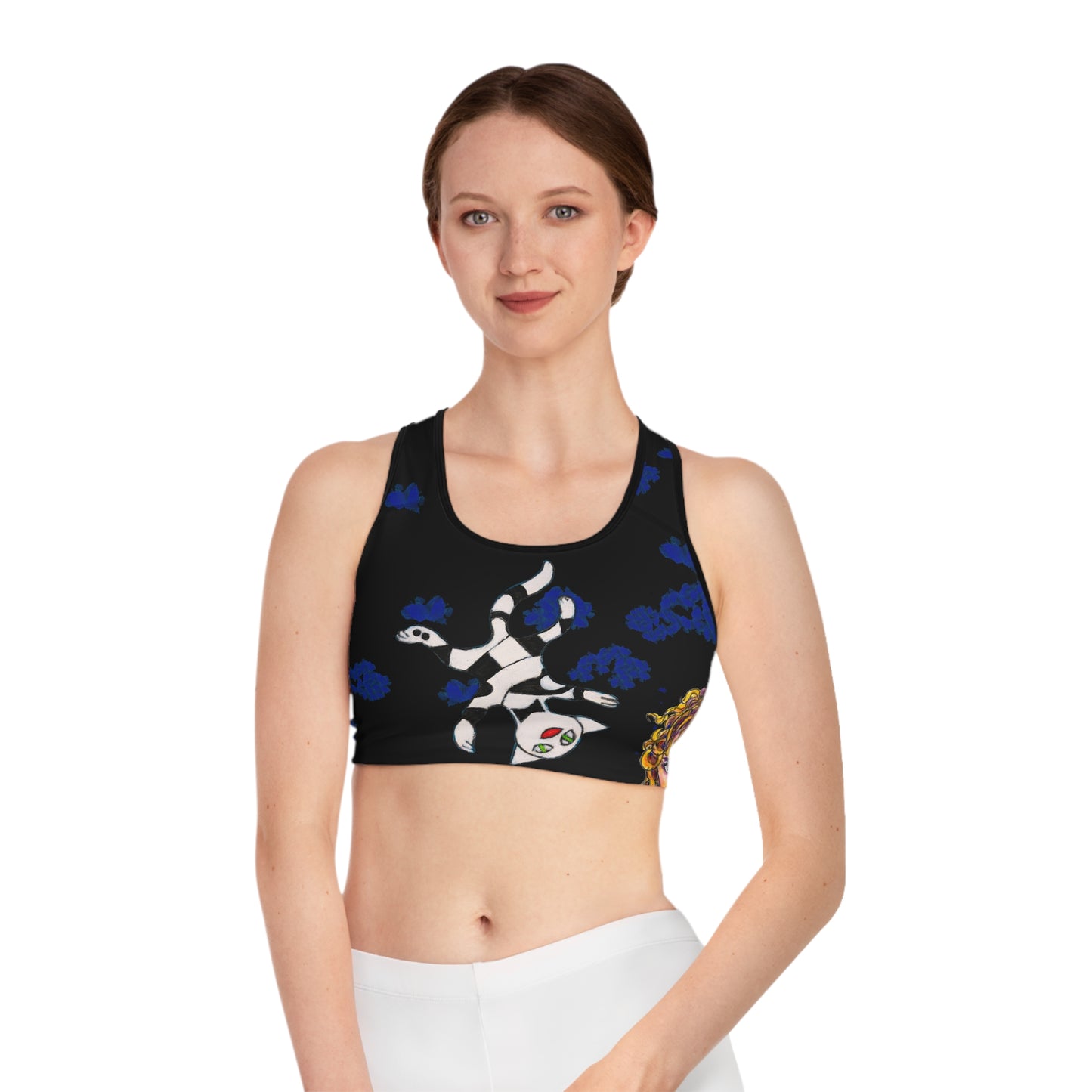Sports Bra (AOP) - Motiv: Katze Fliegt, Antonietta, blaue Punkte