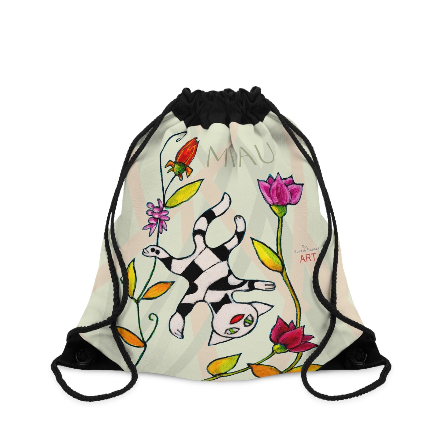 Drawstring Bag - Motiv: Vorderseite und Rückseite, Katze schwebt, Miau