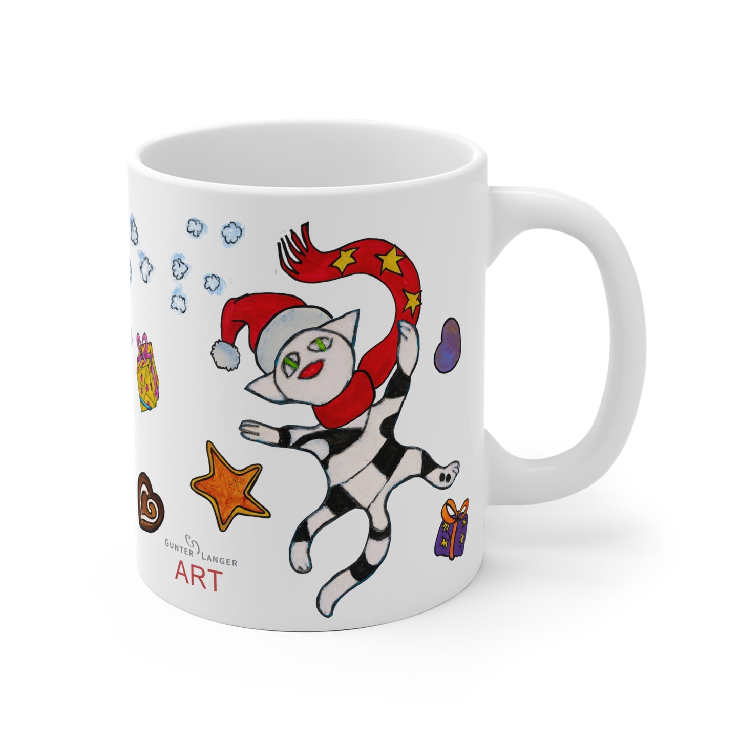 Ceramic Mug (EU) - Motiv:  Weihnachtskatze 3, Schneeflocken