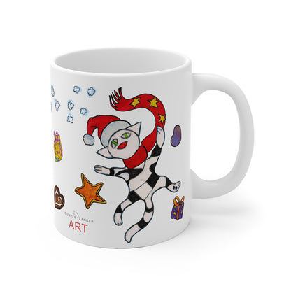 Ceramic Mug (EU) - Motiv:  Weihnachtskatze 3, Schneeflocken