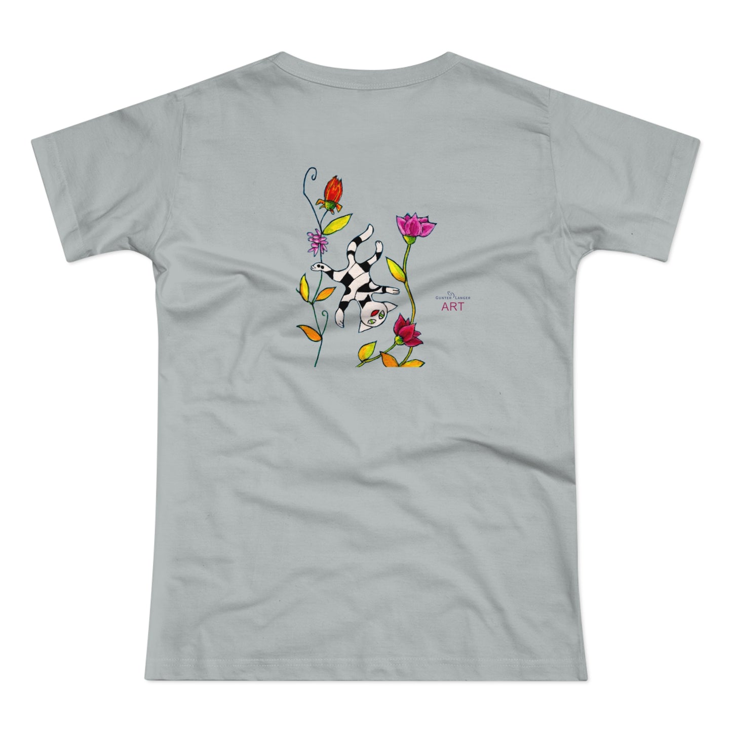 Single Jersey Women's T-shirt - hell - Motiv: Katze schwebt und Ranken, Vorderseite H 11 cm & Rückseite H 21,85 cm