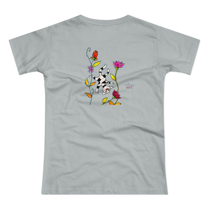 Single Jersey Women's T-shirt - hell - Motiv: Katze schwebt und Ranken, Vorderseite H 11 cm & Rückseite H 21,85 cm