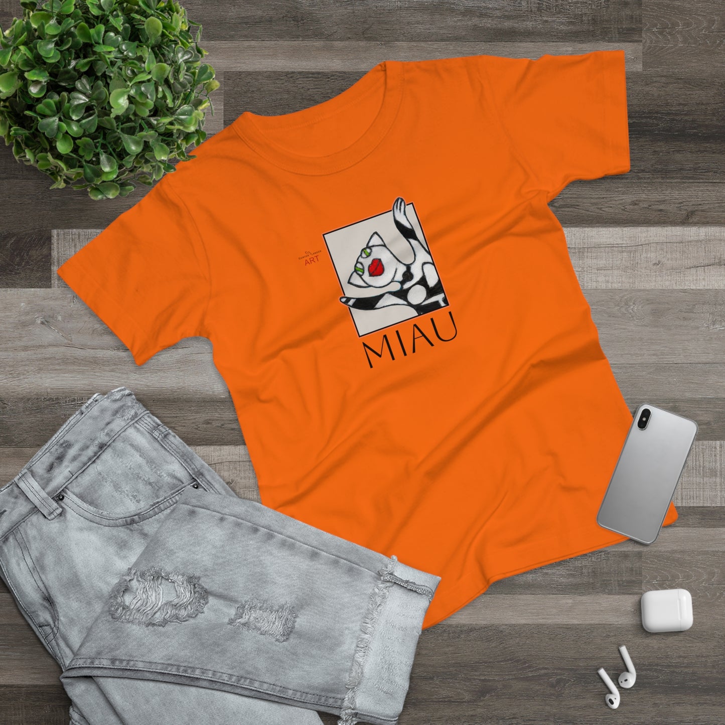 Single Jersey Women's T-shirt - hell - Motiv: Front Miau, H 15,3 cm, Rückseite Miau, H27,94 cm