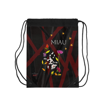 Drawstring Bag - Motiv: Vorderseite Katze fliegt und Rückseite Katze fliegt, klein, Mikado schwarz, Sterne 2