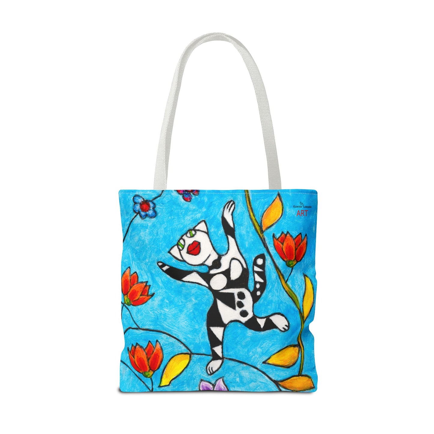 Tote Bag (AOP) - Motiv:  Front Katze springt, Rückseite  Katze springt, Blau, Ranken