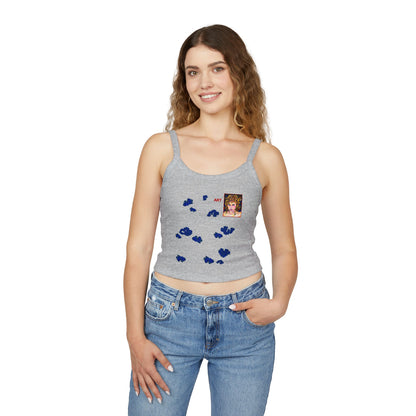 Women's Spaghetti Strap Tank Top - Motiv Front Antonietta, blaue Punkte & Rückseite Mikado