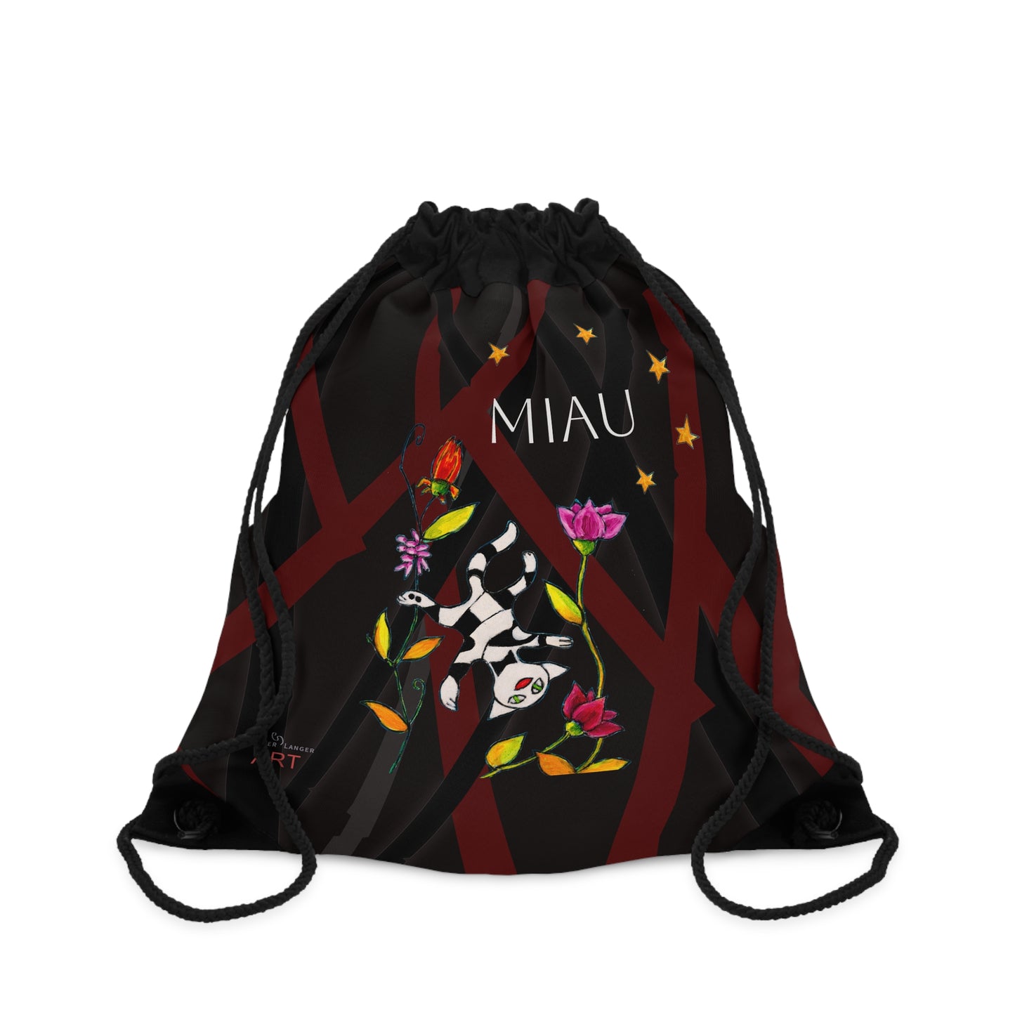 Drawstring Bag - Motiv: Vorderseite Katze fliegt und Rückseite Katze fliegt, klein, Mikado schwarz, Sterne 2