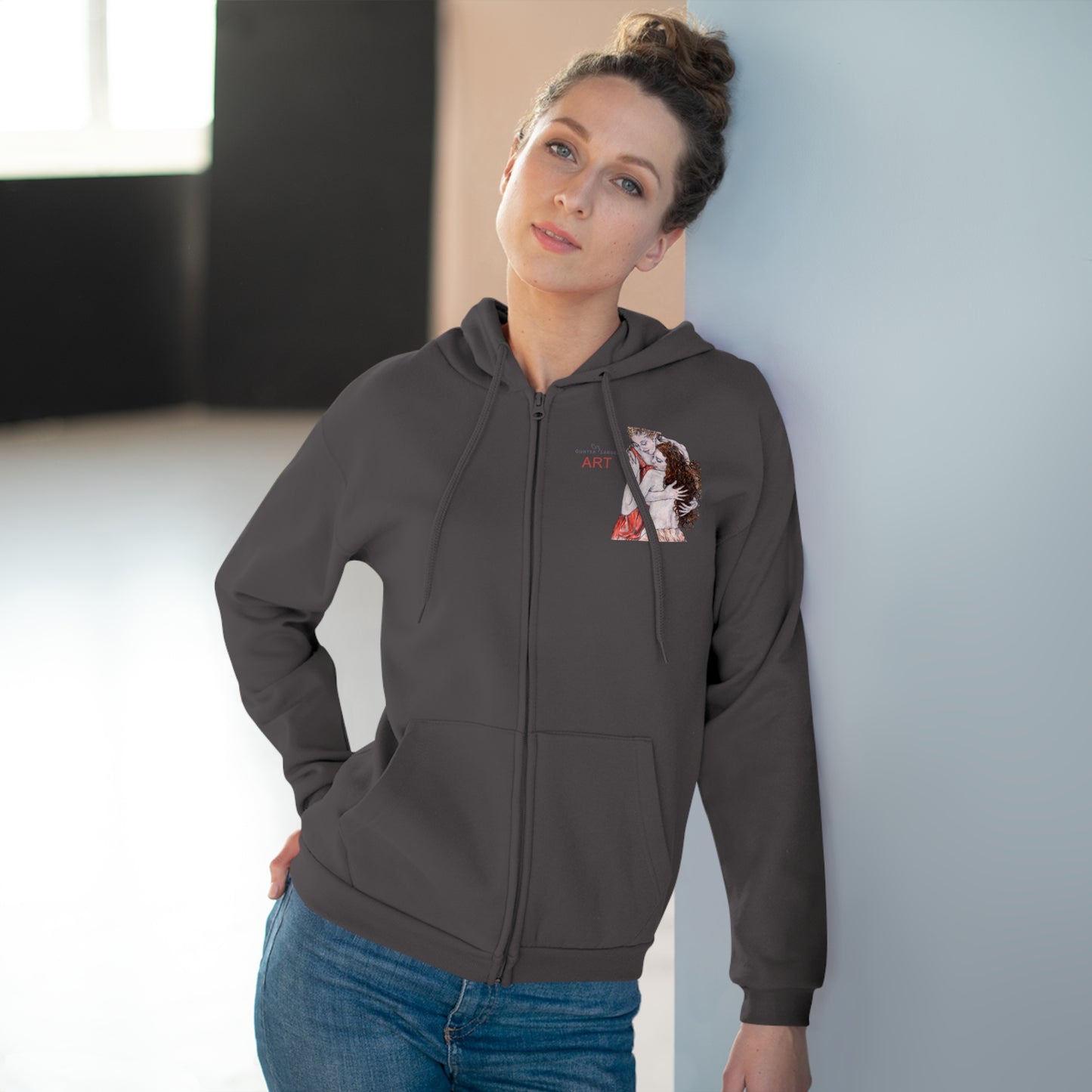 Unisex Hooded Zip Sweatshirt - Motiv: Front Bei dir, H 11 cm & Rückseite Bei dir, H 49 cm