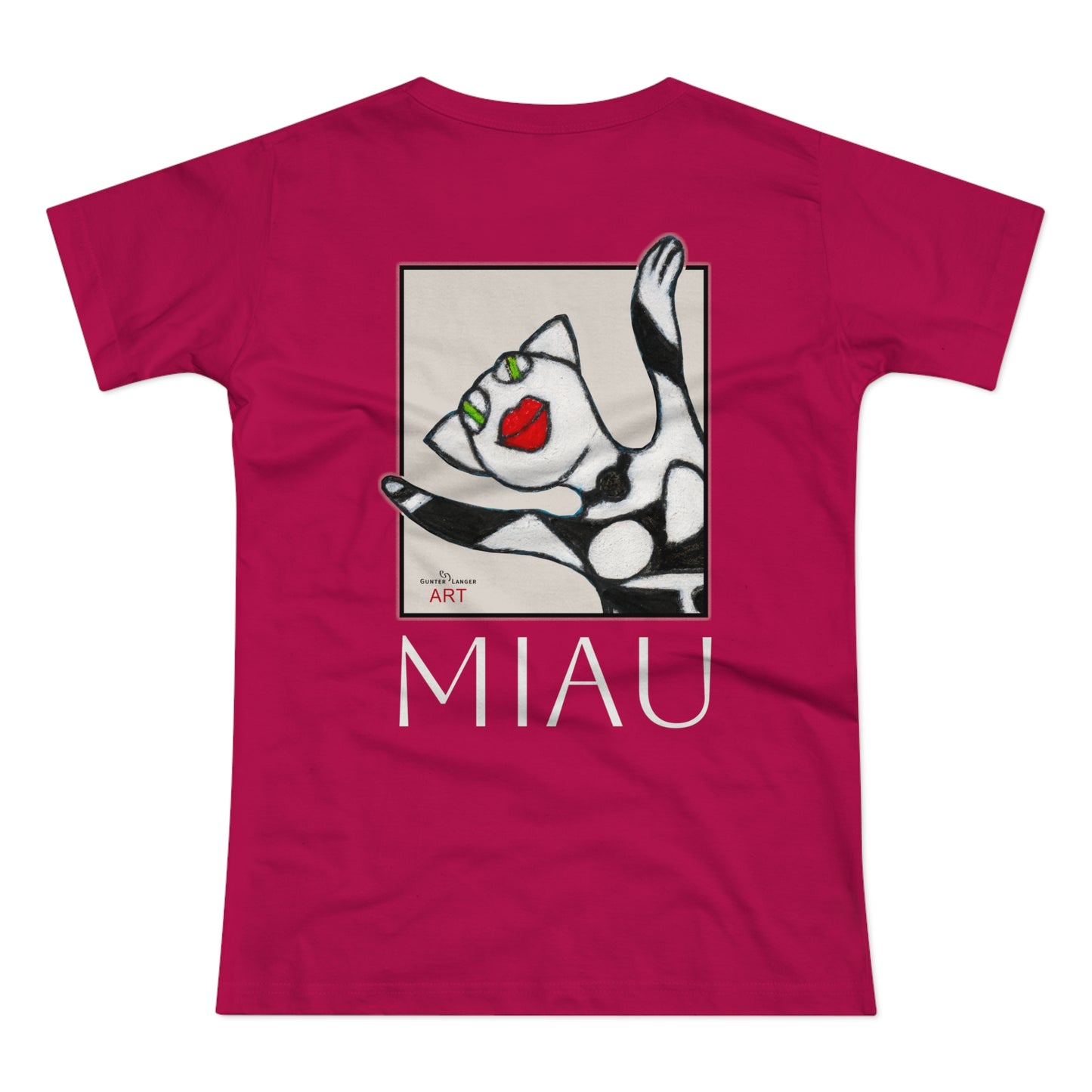 Single Jersey Women's T-shirt - dunkel - Motiv: Front Miau, H 15,3 cm, Rückseite Miau, H27,94 cm