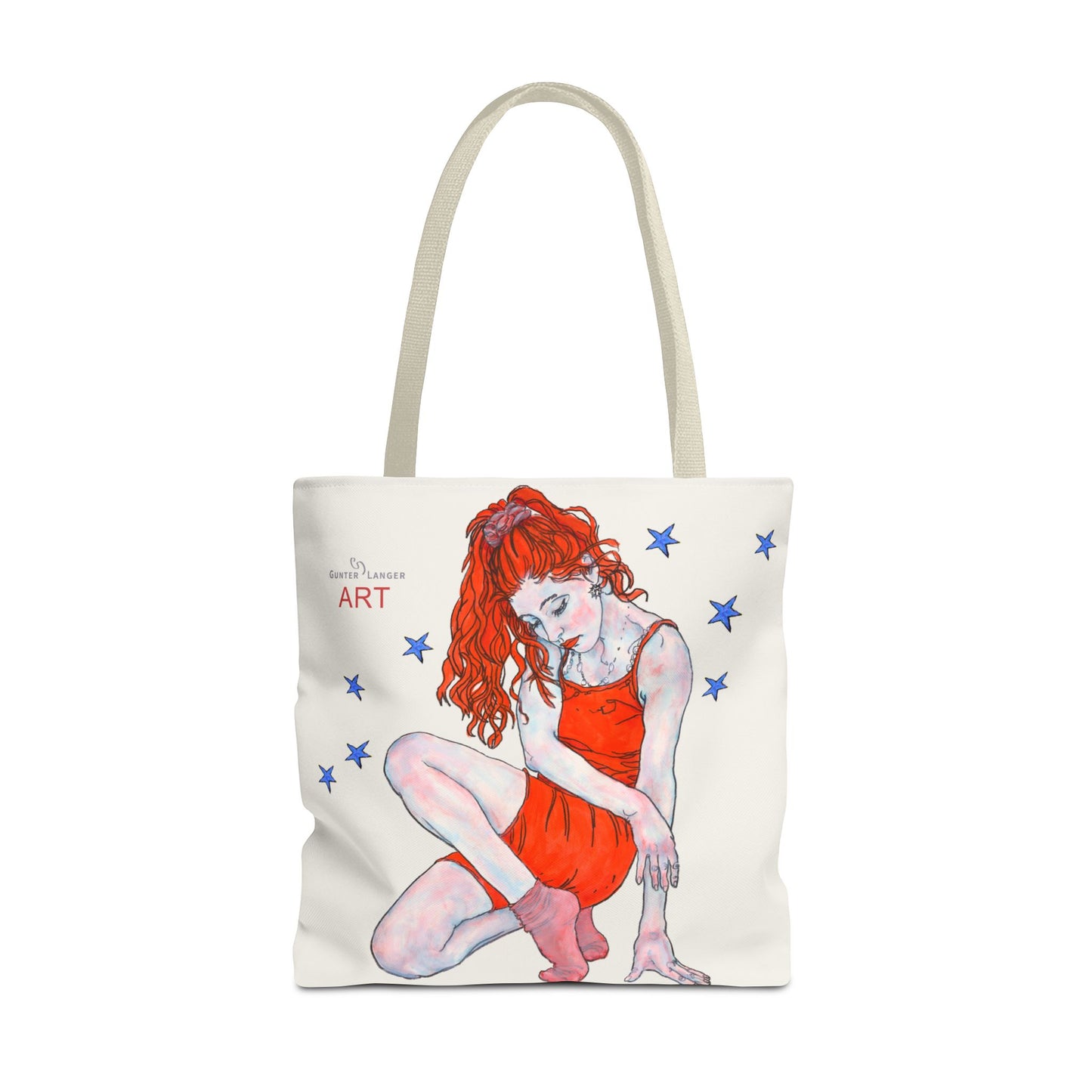 Tote Bag (AOP) - Motiv: Front Julia & Rückseite Julia 41,44cm Beige, Blaue Sterne