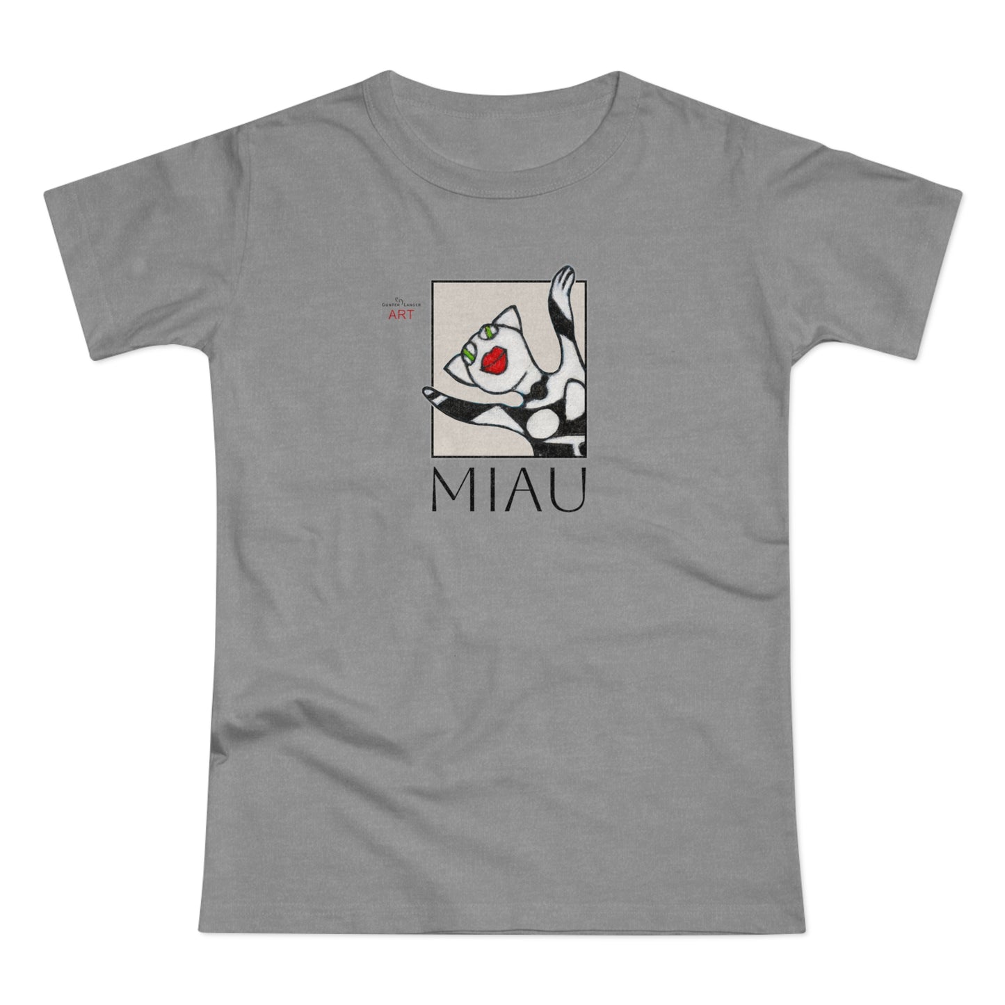 Single Jersey Women's T-shirt - hell - Motiv: Front Miau, H 15,3 cm, Rückseite Miau, H27,94 cm