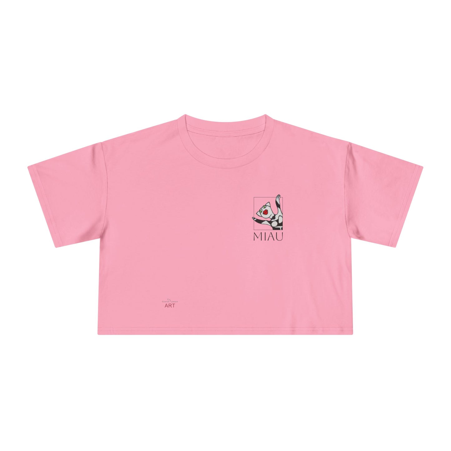 Women's Crop Tee - Motiv: Motiv: Front "Miau" klein, schwarz, H 8 cm, Rückseite "Miau"