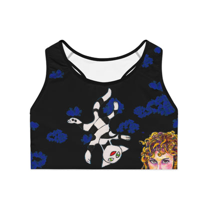 Sports Bra (AOP) - Motiv: Katze Fliegt, Antonietta, blaue Punkte