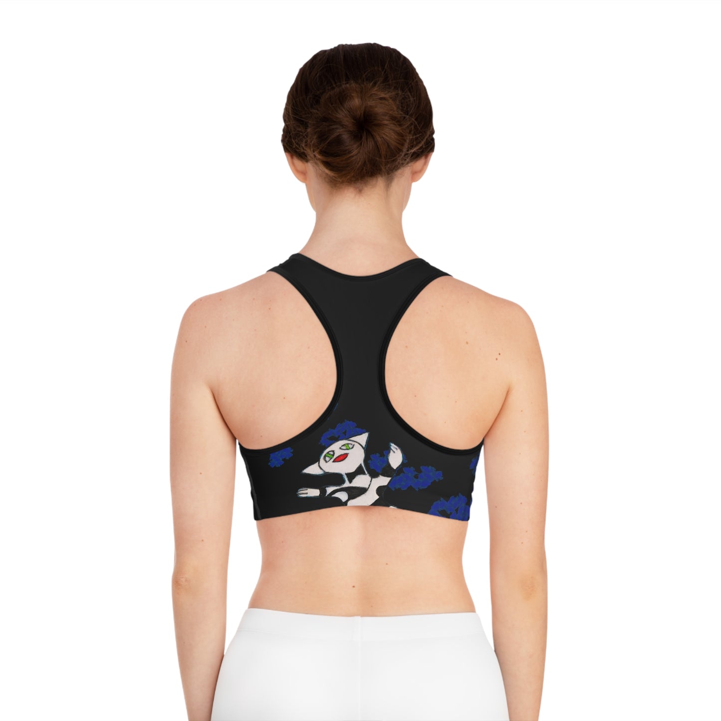 Sports Bra (AOP) - Motiv: Katze Fliegt, Antonietta, blaue Punkte