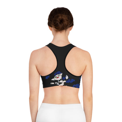 Sports Bra (AOP) - Motiv: Katze Fliegt, Antonietta, blaue Punkte