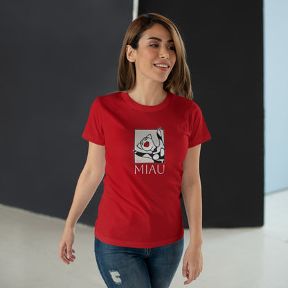 Single Jersey Women's T-shirt - dunkel - Motiv: Front Miau, H 15,3 cm, Rückseite Miau, H27,94 cm