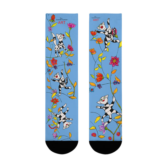 Sublimation Crew Socks (EU) - Motiv: viele Katzen und Ranken, blau