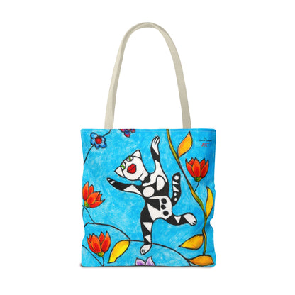 Tote Bag (AOP) - Motiv:  Front Katze springt, Rückseite  Katze springt, Blau, Ranken