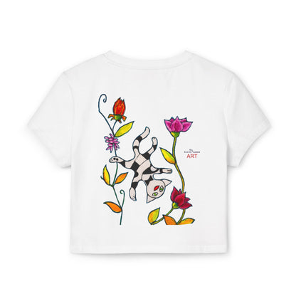 Women's Baby Tee - Motiv: Vorderseite und Rückseite, Katze schwebt & Ranken H 35 cm