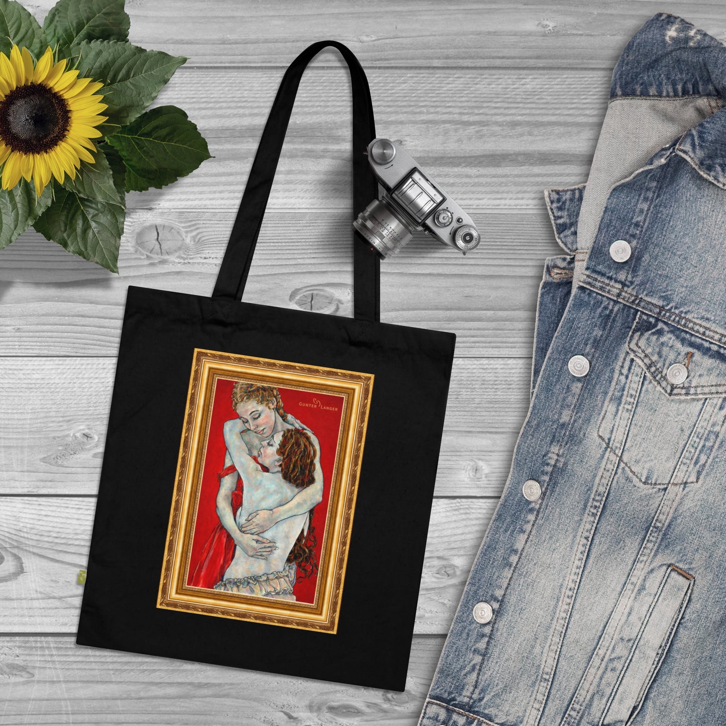 Organic Cotton Tote Bag - Mutter und Tochter - Motiv: Nähe (gerahmt) & Sylvia, zweiseitig bedruckt, H 30 cm