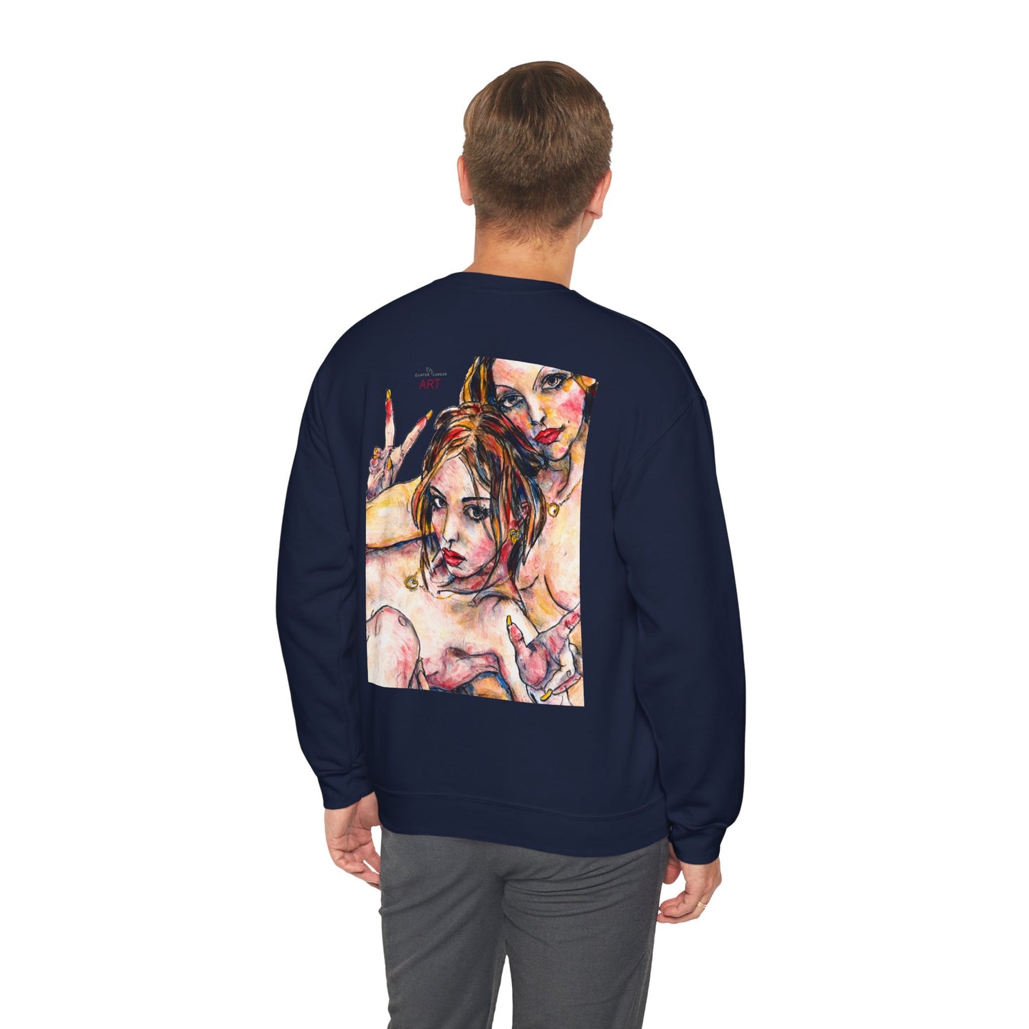 Unisex Heavy Blend™ Crewneck Sweatshirt - Motiv: Front Camilla (H 11,4 cm) & Rückseite Camilla / Leni, H 41 cm