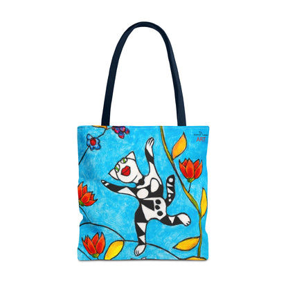 Tote Bag (AOP) - Motiv:  Front Katze springt, Rückseite  Katze springt, Blau, Ranken