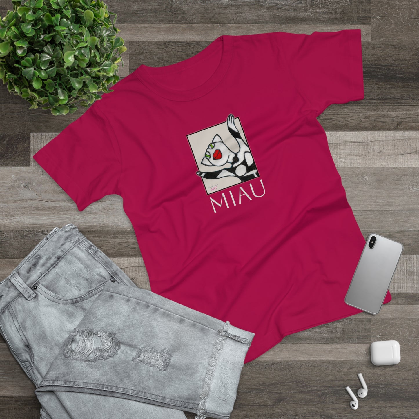 Single Jersey Women's T-shirt - dunkel - Motiv: Front Miau, H 15,3 cm, Rückseite Miau, H27,94 cm