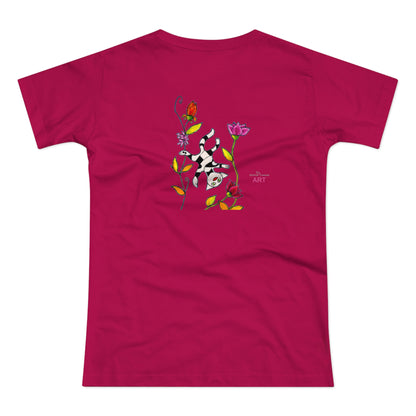 Single Jersey Women's T-shirt - dunkel - Motiv: Katze schwebt und Ranken, Vorderseite H 11 cm & Rückseite H 21,85 cm